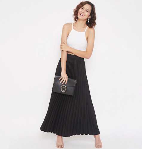 Black Pleated Maxi Flared Skirt